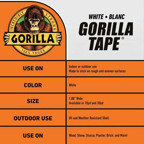 Gorilla Tape packaging details, highlighting use on rough surfaces, white color, UV resistance, 1.88" wide, available in 10yd and 30yd