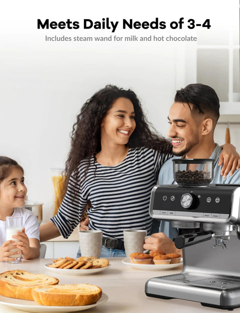 Daily Grind Fix 20 Bar Semi Automatic Espresso Machine With Built In Grinder And Milk Frother Steamer For Kickin Crema Lattes And Cappuccinos Light Gray Pid Temp Control Heavy Duty with family enjoying coffee