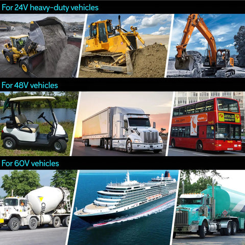Showcasing various vehicles for 24V, 48V, and 60V applications; including trucks, buses, and boats for Badass Heavy Duty High Voltage USB Power Adapter 12V To 60V Aluminum Cigarette Lighter Socket With PD 30W And QC 36W Waterproof DIY Kit For Cars Trucks Ships Straight Outta Box.