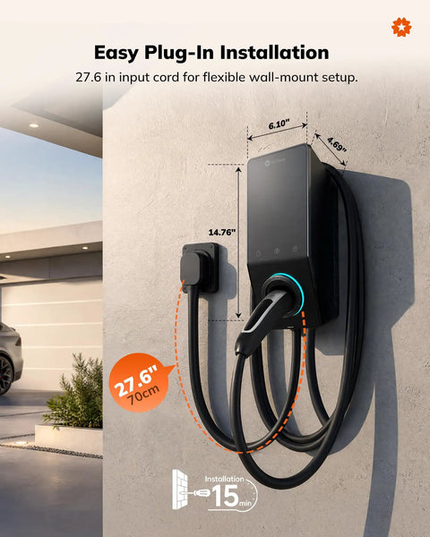 Zero Drama Level 2 EV Charger 40 Amp Nacs Connector Nema 14-50 Plug UL Certified 9.6Kw Output with 27.6 inch cord mounted on wall.