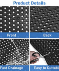 Heavy Duty Anti Fatigue Drainage Mat 82 By 35 Inch For Kitchens And Wet Areas, showing front and back view, drainage holes, cuttable edge