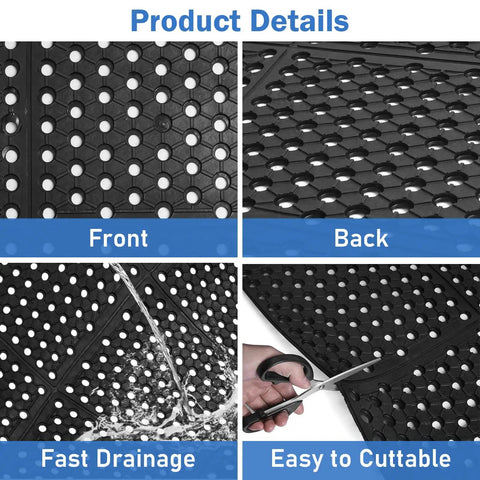 Heavy Duty Anti Fatigue Drainage Mat 82 By 35 Inch For Kitchens And Wet Areas, showing front and back view, drainage holes, cuttable edge
