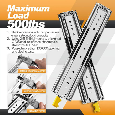 Beefy Heavy Duty Locking Drawer Slides With Full Extension Ball Bearing Side Mount Rails 430 Lb Load Capacity 19.3mm rails