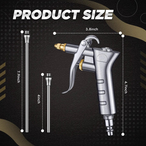 Industrial Air Blow Gun Kit With 4 Brass Adjustable Nozzles and 8 Steel Extensions size guide