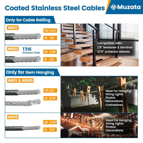Vinyl Coated Wire Rope 150 Ft Three Thirty Second Inch Bare Core Overmolded To One Eighth Inch Stainless Aircraft Cable 7x7 Strand For Outdoor And Indoor Clothesline String Lights Hanging Diy Wr11 image showing coated stainless steel cables for railing and hanging with specifications