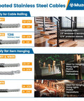 Coated stainless steel cables for railing and hanging, detail of WR11 and WR09 wire rope for string lights and clotheslines.