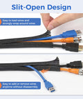 Cool Cable Sleeve Kit That Keeps Your Pets Off Wires And Saves You From Messy Cords On The Desk Or TV Stand With Easy Split Design For Super Simple Setup Today. split-open cable sleeve with USB, HDMI and coax wires
