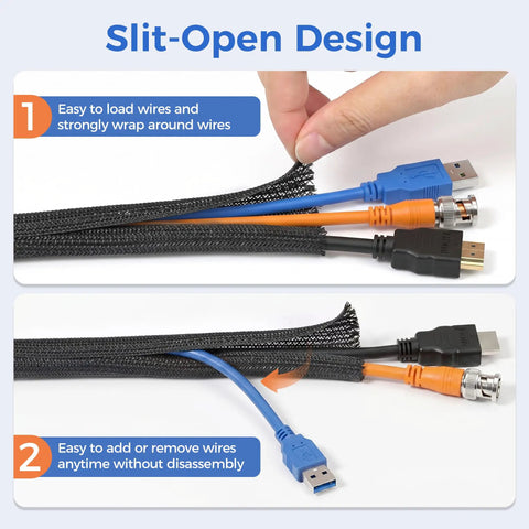Cool Cable Sleeve Kit That Keeps Your Pets Off Wires And Saves You From Messy Cords On The Desk Or TV Stand With Easy Split Design For Super Simple Setup Today. split-open cable sleeve with USB, HDMI and coax wires
