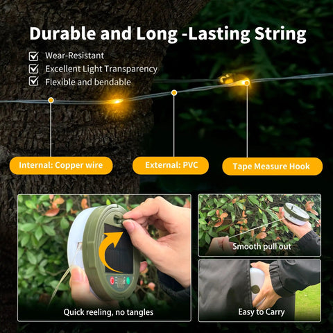 Durable Solar Camping String Lights 33ft 100 LED with 9 Modes USB C Rechargeable, reeling mechanism and easy carry features displayed