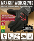 Black coated work gloves with spider grip for smartphone use, breathable backless design, high gauge construction, suitable for warehouse and DIY tasks.