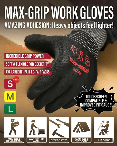 Black coated work gloves with spider grip for smartphone use, breathable backless design, high gauge construction, suitable for warehouse and DIY tasks.