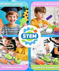 Hands On Electronics Exploration Kit For Kids With Over 300 Projects And 16 Circuit Parts Including Infrared Sensor Gyroscope Hand Crank Generator And RGB Light Modules A Premium Awesome STEM Toy Gift For Boys And Girls Ages 5 To 12 displayed with children engaged in educational activities focusing on problem-solving, creativity, collaboration, and hand-eye coordination.