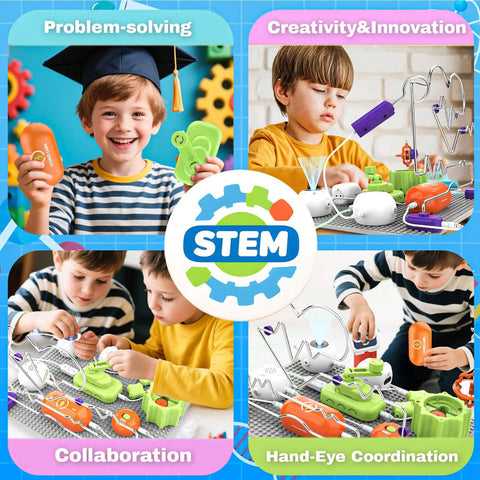 Hands On Electronics Exploration Kit For Kids With Over 300 Projects And 16 Circuit Parts Including Infrared Sensor Gyroscope Hand Crank Generator And RGB Light Modules A Premium Awesome STEM Toy Gift For Boys And Girls Ages 5 To 12 displayed with children engaged in educational activities focusing on problem-solving, creativity, collaboration, and hand-eye coordination.