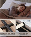 Woman enjoying peaceful sleep on Top Tier King Size Bed Frame Featuring Fifty Point Eight Inch Padded Corduroy Wingback Headboard.