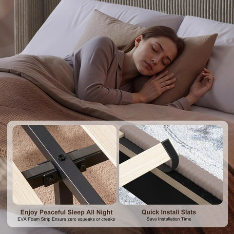 Woman enjoying peaceful sleep on Top Tier King Size Bed Frame Featuring Fifty Point Eight Inch Padded Corduroy Wingback Headboard.