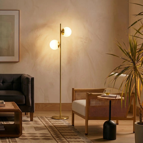 Sphere Floor Lamp With Two Glass Globes, Mid Century Modern Pole Light For Living Room, Bright LED Standing Lamp For Bedroom And Office With Cozy Vibes, Contemporary Decor In Gold Antique Brass Finish, Echo Compatible