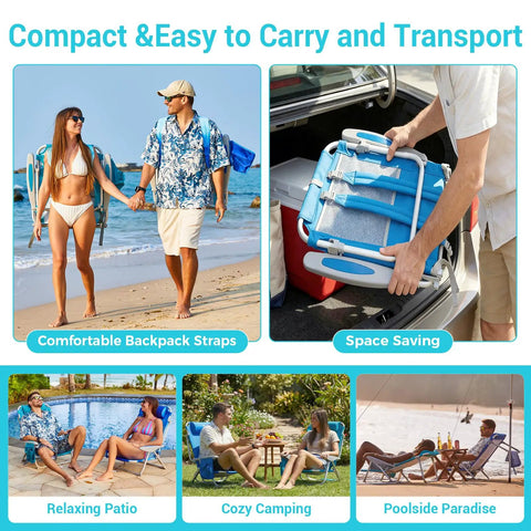 Adult Beach Chair Set With Adjustable Recline And Lay Flat Position Lightweight Foldable Aluminum Chairs in beach and camping scenes
