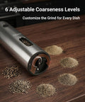 Xinkor Electric Salt And Pepper Grinder Set With Usb Rechargeable Charging Base Auto Sensor Cordless Pepper Mill Kitchen Spice Shaker For Dining Table showing adjustable grind levels and spices.