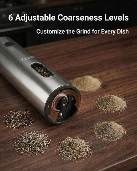 Xinkor Electric Salt And Pepper Grinder Set With Usb Rechargeable Charging Base Auto Sensor Cordless Pepper Mill Kitchen Spice Shaker For Dining Table showing adjustable grind levels and spices.