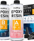 Front view of 8 Ounce Crystal Clear Epoxy Resin Kit For DIY Art And Craft Food Safe All-In-One Starter Set with two bottles and nozzles.