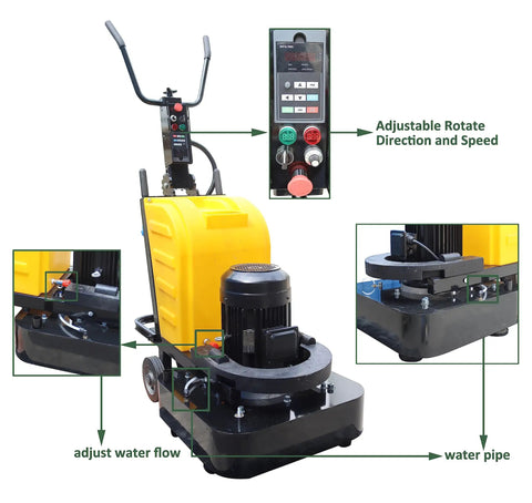 Electric Concrete Floor Grinder Polishing Machine With Dry And Wet Type Sander Buffer 25 Inch Working Width 12 Discs Can Be Installed Renovates Old Floors 220 Volts displayed with adjustable controls and water pipe details