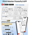Print Master app interface showcasing features, icons, templates, fonts on a smartphone for 3 Inch Label Maker Portable Printer For Home Office