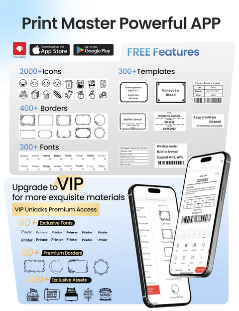 Print Master app interface showcasing features, icons, templates, fonts on a smartphone for 3 Inch Label Maker Portable Printer For Home Office