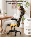 Woman sitting on Ergonomic Office Desk Chair With Padded Flip Up Arms Adjustable Lumbar Support PU Leather Executive Chair
