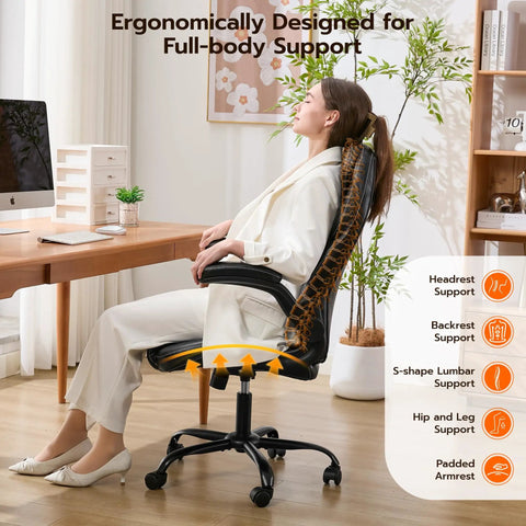 Woman sitting on Ergonomic Office Desk Chair With Padded Flip Up Arms Adjustable Lumbar Support PU Leather Executive Chair