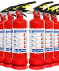 Six Pack Of Tough As Nails 2 Point 5 Lb Abc Dry Powder Fire Extinguishers With Snappy Quick Release Handles For Instant Home Kitchen Car Rv And Office Flame Control lined up with instructions visible.