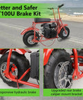 Upgraded Mini Bike Hydraulic Brake Kit With Rear Caliper Mounting Bracket Adapter For Coleman CT100U Mini Bike featuring 180mm disc rotor, installed on red mini bike.