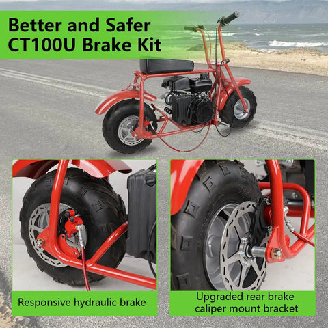 Upgraded Mini Bike Hydraulic Brake Kit With Rear Caliper Mounting Bracket Adapter For Coleman CT100U Mini Bike featuring 180mm disc rotor, installed on red mini bike.