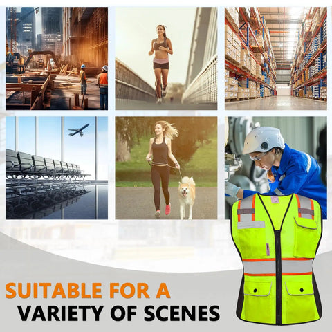 Kickass Hi Vis Safety Vest For Women Snag Free Mesh with reflective tape, showcased in various active scenes and environments.