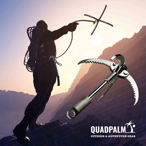 Climber using Heavy Duty Survival Grappling Hook With Four Stainless Steel Folding Claws in mountain terrain at sunset.