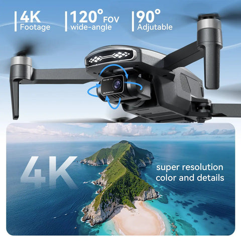 Dope 4K GPS Drone With Camera For Adults, Auto Return Home shown with 120° FOV, 90° adjustable lens capturing a scenic coastal view.