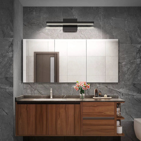 Sleek Black Vanity Light Over Mirror, 15.7 Inch, 12W Dimmable LED Fixture With 5 CCTs above bathroom mirror