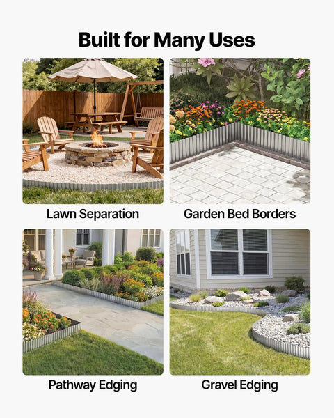 Heavy Duty Galvanized Steel Landscape Edging 50 Ft By 6 In Flexible Metal Border For Lawn And Flower Beds Includes Gloves For Easy Install Bendable Garden Edge For Pathways And Borders Weather Resistant shown in various garden uses including lawn separation, garden bed borders, pathway edging, and gravel edging.
