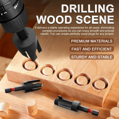 Wood Plug Cutter Drill Bit Set 16-Piece with straight tapered cutters drilling plug holes in wood block