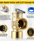 Front view of Gulfmew boiler relief valve, brass body, 30 PSI, 3/4 in. female NPT, for hot and cold water.
