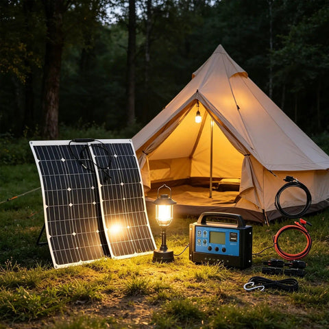 1000W Flexible Solar Panel Kit with 2x500W Monocrystalline ETFE Panels and 50A MPPT Smart Charge Controller in camping scene