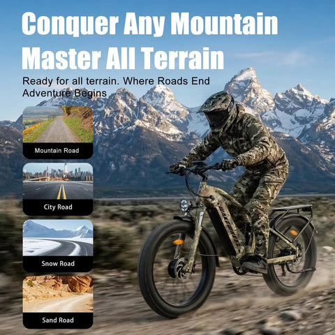 Rider on Beast 8000W Dual Motor Electric Mountain Bike for Adults with 60V 32Ah Battery in camouflage on mountain trail
