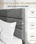 Full Platform Bed Frame With Upholstered Fabric Headboard In Grey Featuring Dense Foam Padding And Breathable Polyester For Super Comfy Nights