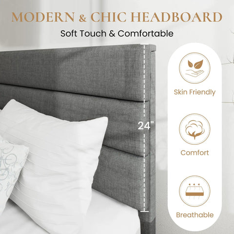 Full Platform Bed Frame With Upholstered Fabric Headboard In Grey Featuring Dense Foam Padding And Breathable Polyester For Super Comfy Nights