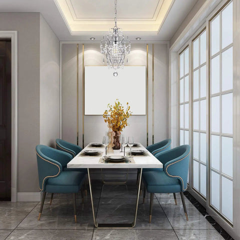 Dining room with Small Chrome Crystal Chandelier Light Fixture With Iron Frame 1 Light Antique Farmhouse Style Glam Sparkle