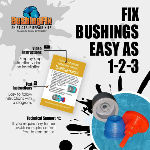 IM1KIT1 Transmission Shift Cable Bushing Repair Kit with instruction guide, bushing, cup, and tool shown.