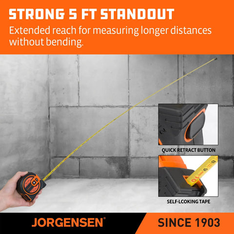 Straight Fire 2 In 1 Laser Tape Measure With 135 Ft Beam Range And 16 Ft Steel Ruler For Slick Layouts Digital Feet Inches Meters Switch Brings Zero Hassle Accuracy For Hard Workin Pros And Weekend Builders Working On Site, shown extended for measuring.