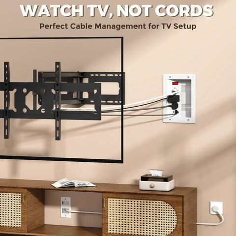 In Wall Cable Management Kit With Recessed Outlet Box And Four Power Ports To Tame Messy TV Cords For A Clutter Free Home Theater Setup That Slaps with TV wall mount and organized cords.