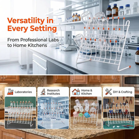 Durable Metal Lab Beaker Drying Holder And Test Tube Rack Draining Stand For Glassware Organization 11x11 Inch on laboratory countertop.