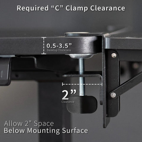 Image showing required clearance for Boss Move Heavy Duty Clamp On Desk Extender With Foldable Keyboard Tray And Padded Wrist Support.