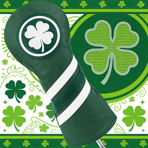 Leather Golf Head Covers Set For Driver, 3 Wood Head Cover, And Hybrid Rescue UT, 1pc Or 3pc Set, Dope Black And White Birdie Emblem With Flag Embroidery, Classic Golf Accessories For Men. Green cover with shamrock design.